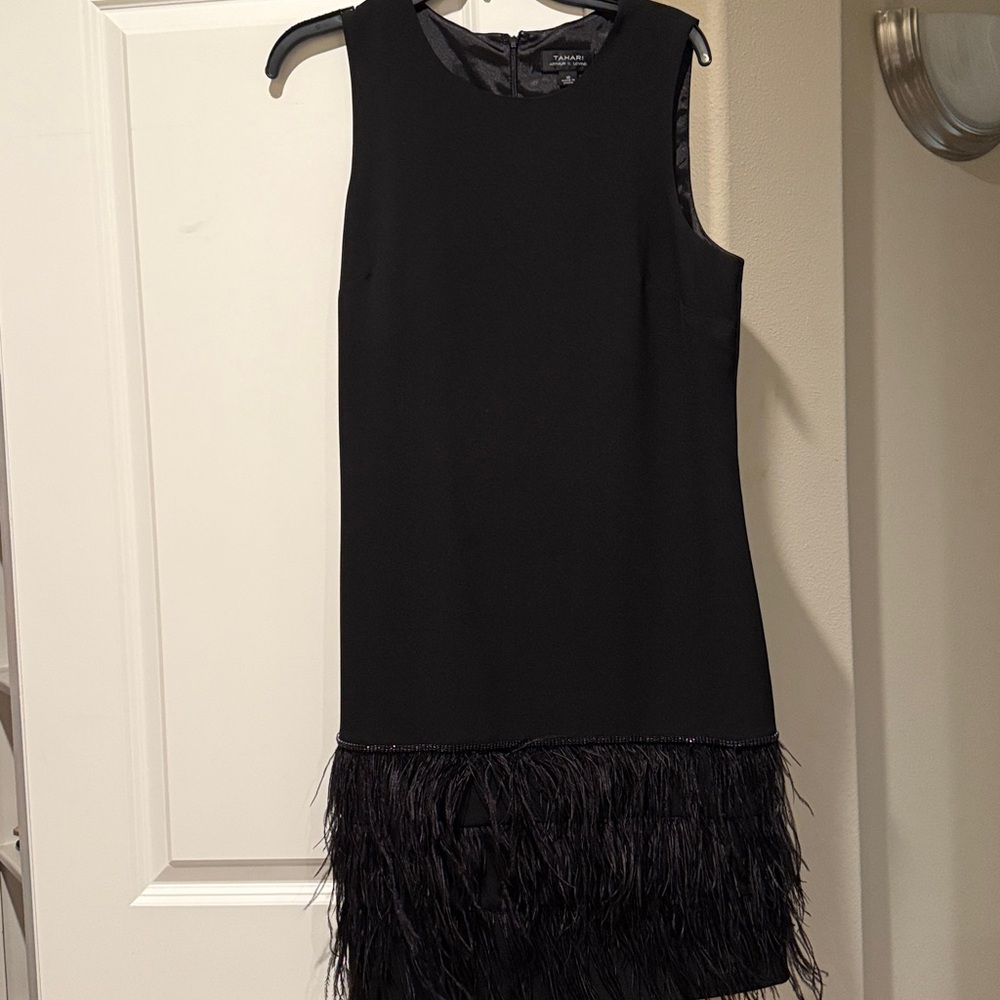 Tahari Black Sleeveless Dress with Feather Hem